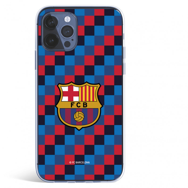 Cover per iPhone 12 del Barcelona Stemma Sfondo Quadretti - Licenza Ufficiale FC Barcelona