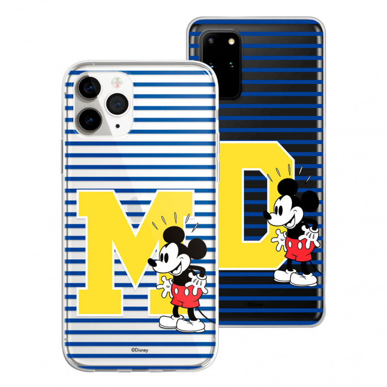 Cover Smartphone Personalizzata Disney con le tue Iniziali Stampa Mickey Strisce - Licenza Ufficiale di Disney